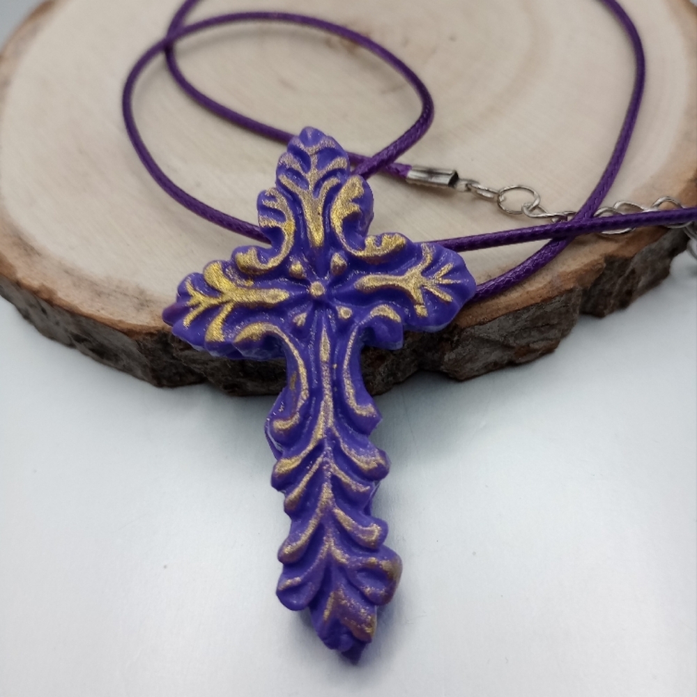 Hand Crafted Purple and Gold Cross Necklace